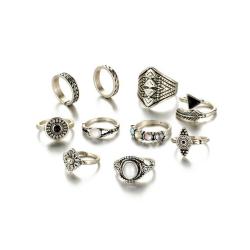 Leaf Stone Midi Ring Sets Vintage Crystal Opal Knuckle Rings 10PCS LOT - Silver Color