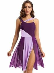 Feeshow Lyrical Women Adults Sleeveless Mesh Color Block Leotard Dress Modern Contemporary Dance Costume Violet Medium
