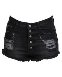 Peg High Waisted Ripped Denim Shorts in Black
