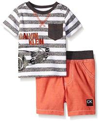 In Stock Ready To Ship Calvin Klein Baby Boys' Printed Distress Stripes Interlock Top And Wove...