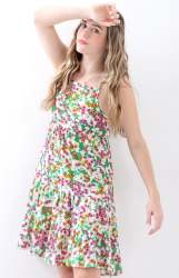 Big Girls Strappy Tiered Dress - Green Floral - Green Floral 11-12 Years