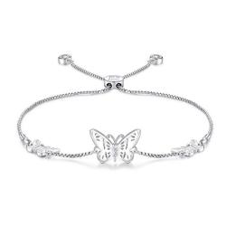 Ninamaid Silver Butterfly Charms Expandable Bolo Bracelet With Sparkling Cubic Zirconia Adjustable White Gold Plated Women Girl Jewelry Gift