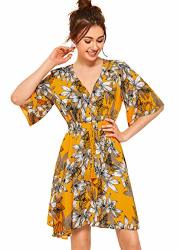 Milumia Women's Boho Button Up Split Floral Print Flowy Party Dress A-yellow Medium