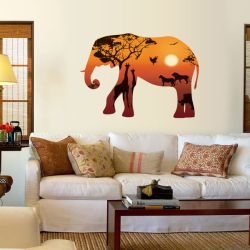 Sunset With Safari Animals In Elephant Silhouette Decor Wall Art- HM92002