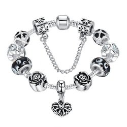 D.b.mood Black Glass Bead Silver Plated Heart Charm Bracelet For Women Snake Chain 7.08