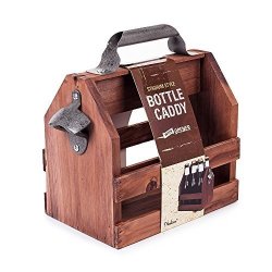 Mealivos Wooden Bottle Caddy 6-PACK Beer Carrier With Built-in Metal Bottle Opener Beer Buckets For 6 Beers