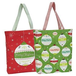 DII Cotton Christmas Holiday Candy Tote Gift Bag 15X16X4" Set Of 2-ORNAMENTS