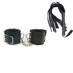 SOFT Handcuffs Fur Leather Comfortable Fuzzy Faux Adjustable Handcuff + Whip Black