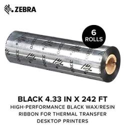 Zebra - Premium Black Resin Ribbon For Thermal Transfer Desktop Printers - 4.33 In Wide 242 Ft Long 0.5 In Core - 6 Rolls