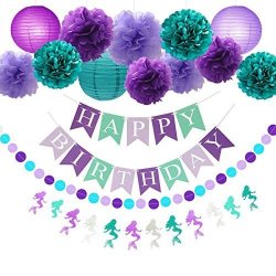 Mermaid Party Decorations under The Sea Party Teal Lavender Purple 10INCH 12INCH Tissue Paper Pom Pom Paper Lanterns Happy Birthday Banner Mermaid Glitter Paper Mermaid