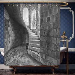 Wanranhome Custom-made Shower Curtain Rustic Decor Circular Medieval Brick Staircase Vacant Castle Architecture Art Print Decor Black White For Bathroom Decoration 72 X 108 Inches