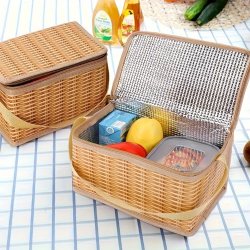 Insulated Picnic Cooler Basket - Portable Rattan Wicker Outdoor Food Storage Bag With Thermal Lining Waterproof Zip Closure & Convenient Carry Handle For Camping & Picnics