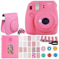Fujifilm Instax MINI 9 Instant Film Camera Flamingo Pink + Button Closure Case With Strap + Album 128 Pockets + 6 Colored Filters +