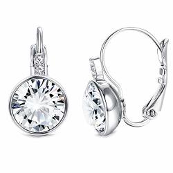 Sllaiss Made With Swarovski Crystals Bella Earrings For Women Solitaire Leverback Earrings Dainty Wedding Drop Earrings Bridal Jewelry White Gold Palted