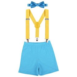Toddler Baby Boy Clothes Set 1ST Birthday Cake Smash Bowtie Suspenders Pants 3PCS Outfits Diaper Nappy Cover Christening Clothes Blue+yellow