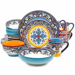 Euro Ceramica Zanzibar Collection Vibrant 20 Piece Oven Safe Stoneware Dinnerware Set Service For 4 Spanish Floral Design Multicolor