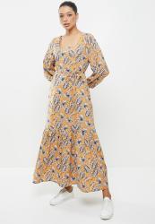 AMANDA LAIRD CHERRY Sand Dress - Mustard navy Palm Leaf Print