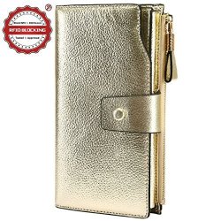 Itslife Women's Rfid Blocking Large Capacity Luxury Waxed Genuine Leather Clutch Wallet Organizer Ladies Card Holder 3-LICHEE Gold