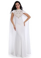 Women Enlachic Rhinestone Long Formal Gown Wedding Party Cape Dress Gown White XL