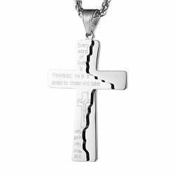Hzman Men's Stainless Steel Jesus Cross Crucifix Bible Prayer Pendant Necklace Prov 30:5 Silver