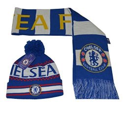 Chelsea Fc Set Beanie Pom Pom Skull Cap Hat And Scarf Reversible New Season 2015-2016 Blue