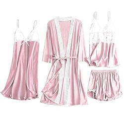 Mteng 4PCS Women's Silk Satin Bathrobe Pajamas Nightgown Kimono Lace Sleepwear Babydoll Nightdress With Shorts Sets Pink XXL