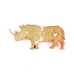 Brooch mr Rhino Coral - Handcrafted Plywood Brooch With Laser Cut Detail