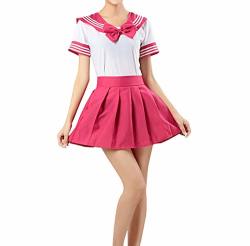 Elonglin Women Girl Sailor Suit Japanese Anime Cosplay Costume Cute Students Uniform Set Performance Clothing Rose Red Bust 34-35" Asie XL