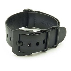 Strapsco 18MM Charcoal Black Vintage Nato Zulu G10 Leather Watch Strap With Matte Black Pre-v Buckle