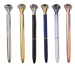 Rose Gold Diamond Pen Big With 6 Pcs set - Blue Ink Color Rose Gold Crystal Diamonds Head - Body Metal - Ballpoint Pen Tip