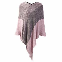 Womens Poncho Sweater V Neck Striped Pullover Soft Scarf Wrap Cape With Fringes Pink