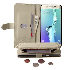 Monica Zipper Pouch Premium Leather Standing Card Slot Flip Cover Wallet Case For Galaxy S6 Edge Plus Beige
