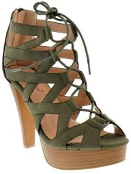 Top Moda Table 8 Peep Toe High Heel Lace Up Strappy Pumps Olive 5