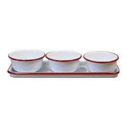 Set Of 3 White Enamel Bowl With Red Trim And Serving Tray Snack Serving Bowl Set Vintage Inspired Kitchen