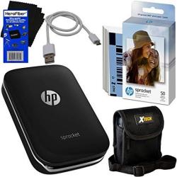 Hp Sprocket Photo Printer Print Social Media Photos On 2X3 Sticky-backed Paper Black + Photo Paper 60 Sheets + Protective Case + USB Cable + Hero