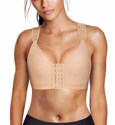 Wonderience Sports Support Bra Post-surgical Wide Adjustable Straps With Front Closure Wirefree Beige Large