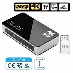 Insten 4-PORT 4K HDMI Switch With Pip And Ir Wireless Remote Control 4X1 Switcher For Hdtv PS4 PS3 Xbox One Blu-ray DVD Player Laptop