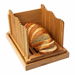 Purenjoy Bamboo Wood Foldable Bread Slicer Compact Bread Slicing Guide with Crumb Catcher Tray for Homemade Bread Thickness Adjustable