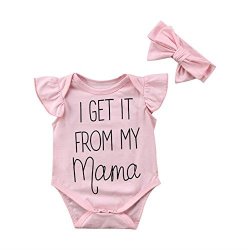 Newborn Baby Girls Cute Ruffle Bodysuit I Get It From My Mama Letters Print Sleeveless Romper With Pink Headband 12-18M Pink