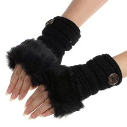 DZT1968 1PCWOMEN Winter Faux Rabbit Fur Wrist Fingerless Gloves Mittens Black