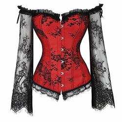 Yocheerful Vintage Corset Women's Halloween Button Gothic Lace Top Off Shoulder Punk Corset Red