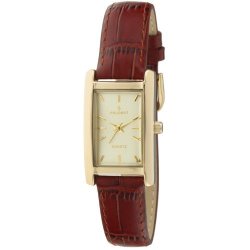 Peugeot Women's 3007BR Classy 14K Gold-plated H Rectangle Case Watch With Brown Leather Band