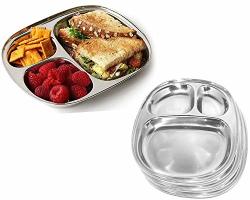 WhopperIndia Stainless Steel Three Compartment Oval Plate Thali Mess Tray Dinner Plate Set Of 4 Pcs- 28 Cm Each