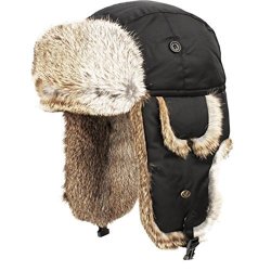 Real Rabbit Fur Trapper Hunting Hat Aviator Winter Cap Black