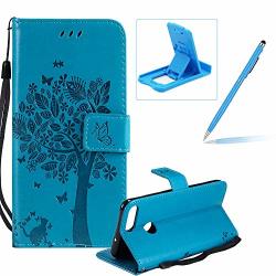 Herzzer Strap Leather Case For Huawei P Smart Bookstyle Magnetic Blue Solid Color Stand Flip Case For Huawei P Smart Premium Elegant Butterfly Tree