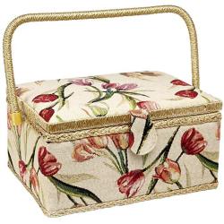 Sewing Basket With Tulip Floral Print Design- Sewing Kit Storage Box With Removable Tray Built-in Pin Cushion And Interior Pocket - Large - 12"