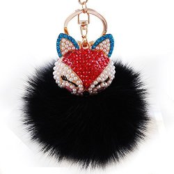Real Fox Fur Ball With Artificial Fox Head Inlay Pearl Rhinestone Key Chain For Womens Bag Or Cellphone Or Car Pendant 01