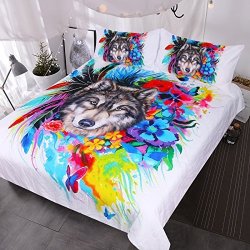 Blessliving Floral Boho Wolf Duvet Cover Cool Wildlife Bedding Set