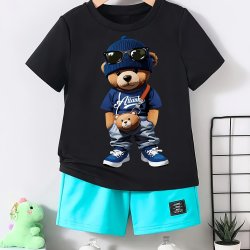 Boys' Cool Bear Print T-Shirt Polyester Crew Neck Short Sleeve Tee With Slight Stretch Casual Summer Top For Kids - Regular Fit Knit Fabric