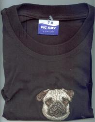 Kids T Shirt. Black 7--8 Years Pug Dog